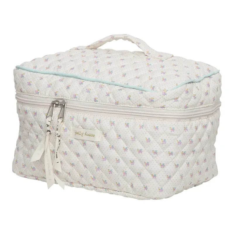 Cute Quilting Cotton Makeup Bag Women Zipper Cosmetic Organizer Female Cloth Handbag Box Shape Portable Toiletry Case For Girls