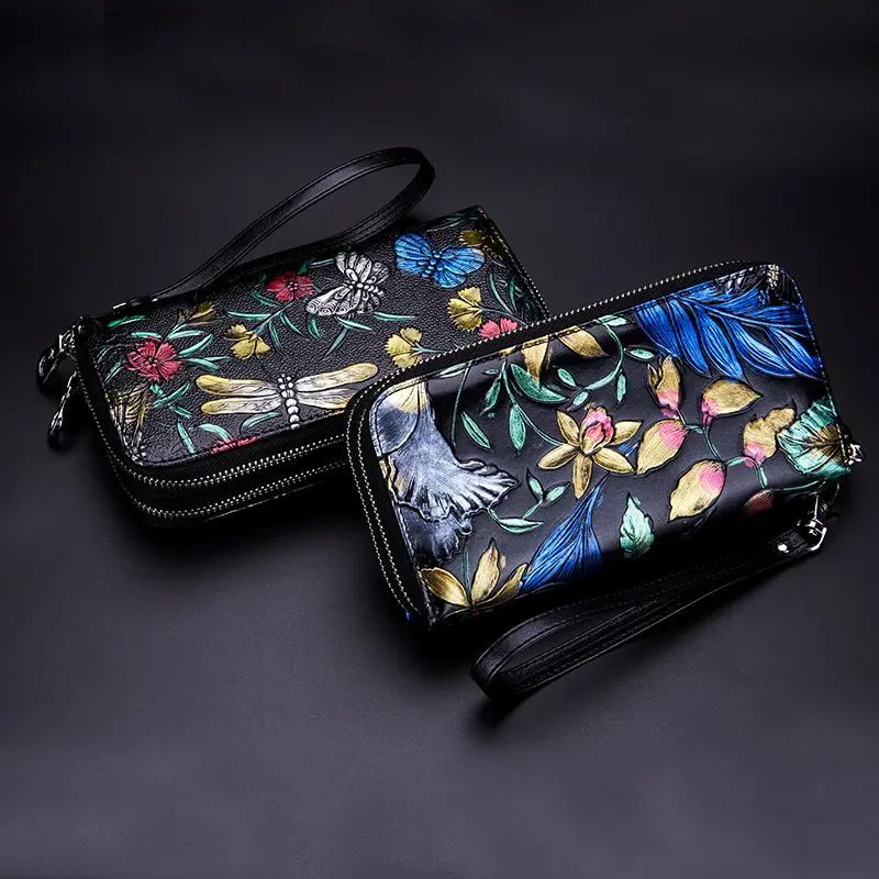 Women Floral Long Wallet Genuine Leather Large Capacity Double Zipper Purse Credit Card Holder Money Bag Rose Flower Clutch