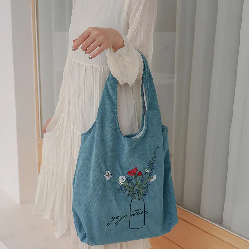 Women Corduroy Shoulder Bag Ladies Embroidery Canvas Shopping Bags Female Eco Cotton Cloth Purse Handbag Tote Large Capacity