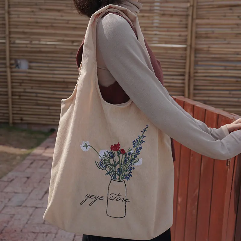 Women Corduroy Shoulder Bag Ladies Embroidery Canvas Shopping Bags Female Eco Cotton Cloth Purse Handbag Tote Large Capacity