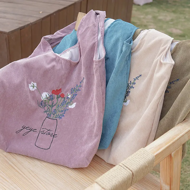 Women Corduroy Shoulder Bag Ladies Embroidery Canvas Shopping Bags Female Eco Cotton Cloth Purse Handbag Tote Large Capacity