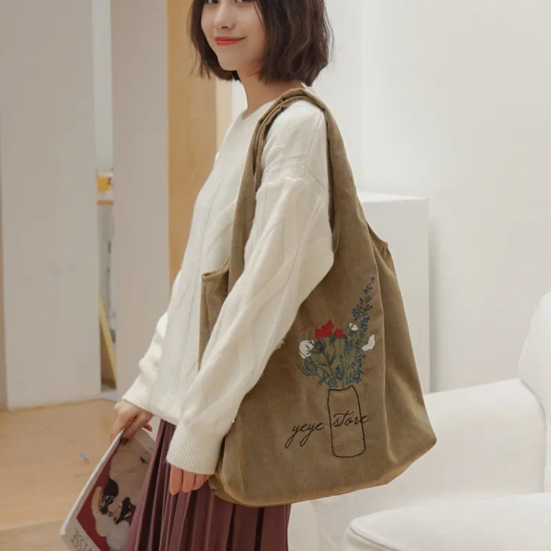 Women Corduroy Shoulder Bag Ladies Embroidery Canvas Shopping Bags Female Eco Cotton Cloth Purse Handbag Tote Large Capacity