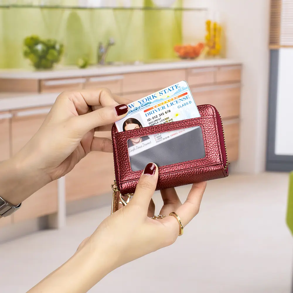Genuine Leather Men Women Rfid Credit Card Holder Small Zipper Wallet Solid Coin Purse Key Ring ID Photocard Slot Mini Money Bag