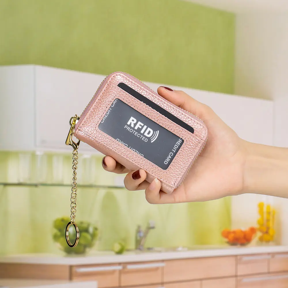 Genuine Leather Men Women Rfid Credit Card Holder Small Zipper Wallet Solid Coin Purse Key Ring ID Photocard Slot Mini Money Bag