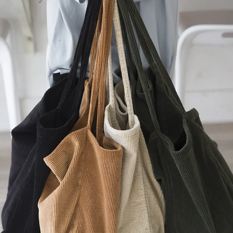 Women Fashion Corduroy Shoulder Bag Large Capacity Female Big Tote Handbag Folding Reusable Shopping Bags Thin Strap Cloth Purse