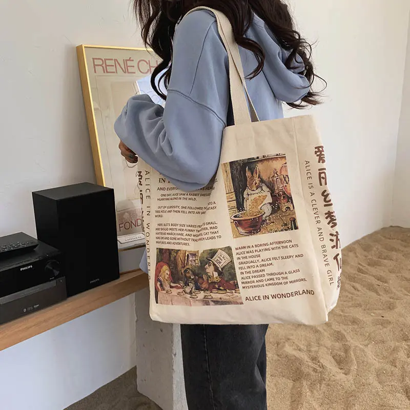 New Design Women Canvas Shoulder Bag Alice in Wonderland Shopping Bags Students Book Bag Cotton Cloth Handbags Tote for Girls