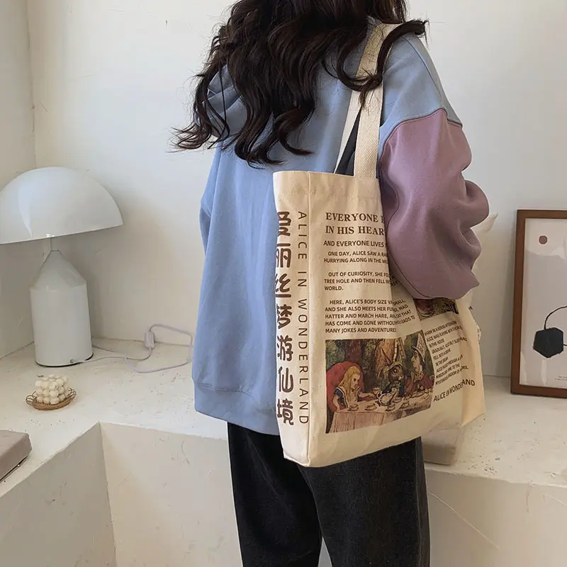 New Design Women Canvas Shoulder Bag Alice in Wonderland Shopping Bags Students Book Bag Cotton Cloth Handbags Tote for Girls