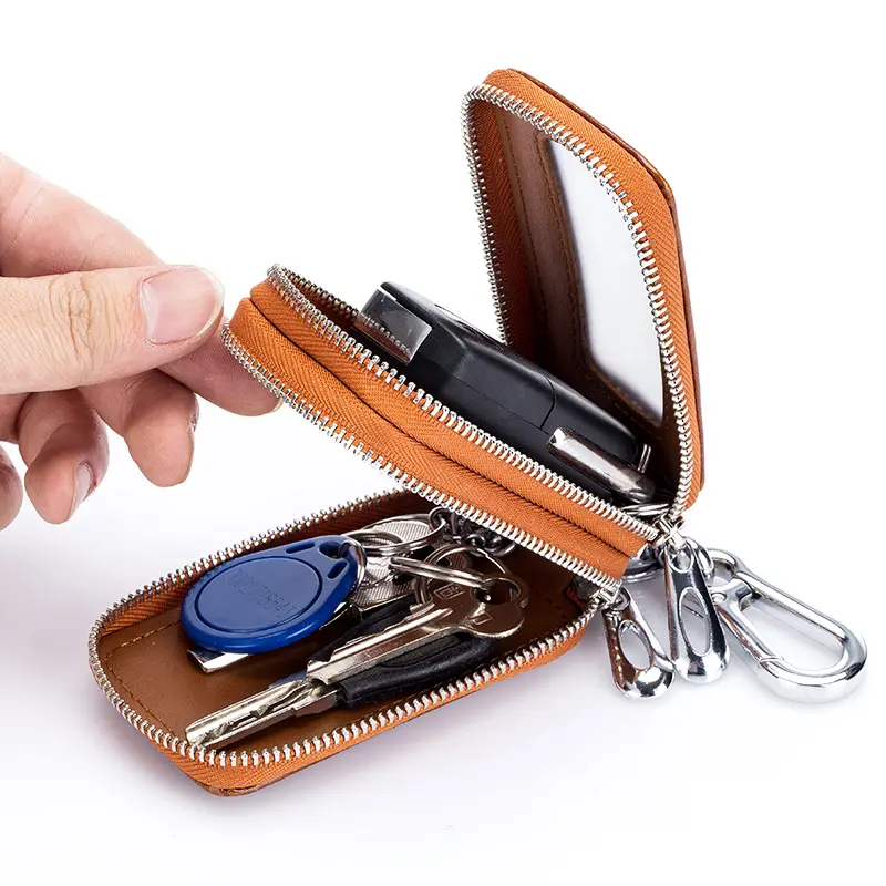 Genuine Cow Leather Home Car Keys' Bag Double Pocket Zipper Mini Wallet Earth Yellow Men Women's Key Holder Transparent Pocket