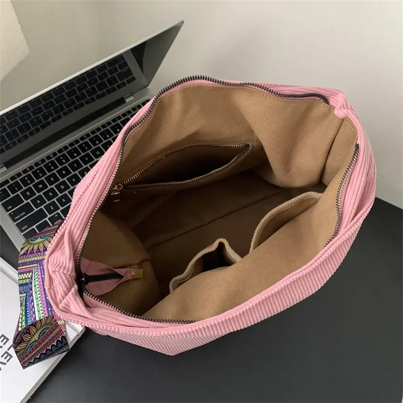 Women Luxury Corduroy Shoulder Bag Large Handbag Big Casual Tote Canvas Lining Solid Cloth Purse Zipper Crossbody Messenger Bags