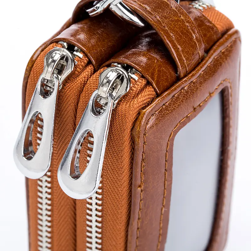 Genuine Cow Leather Home Car Keys' Bag Double Pocket Zipper Mini Wallet Earth Yellow Men Women's Key Holder Transparent Pocket