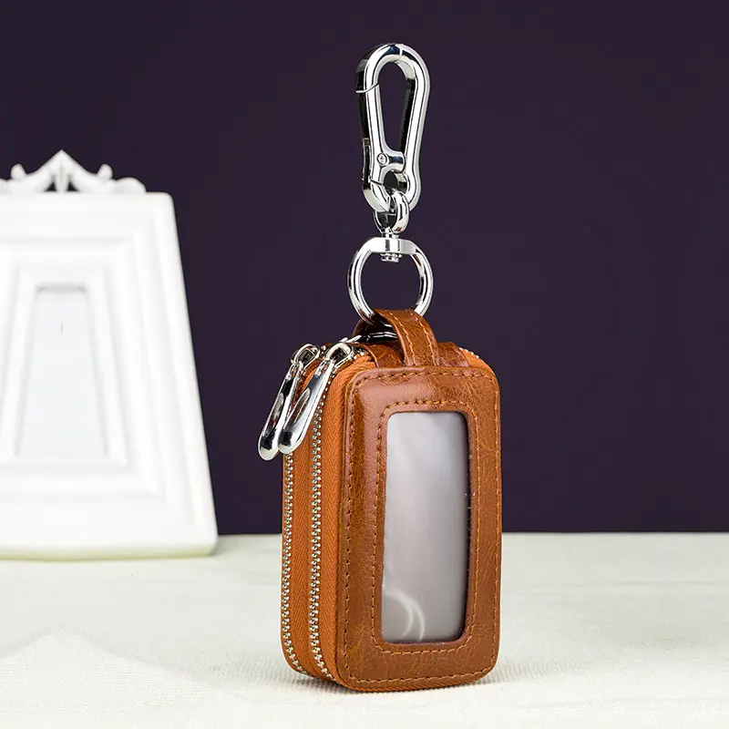Genuine Cow Leather Home Car Keys' Bag Double Pocket Zipper Mini Wallet Earth Yellow Men Women's Key Holder Transparent Pocket