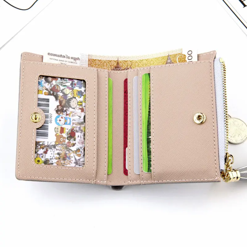 Women Square Short Wallet Crossed Grain PU Leather Tassel Zipper Coin Purse Mini Money Bag Girls Small Cute Pink Card Holder