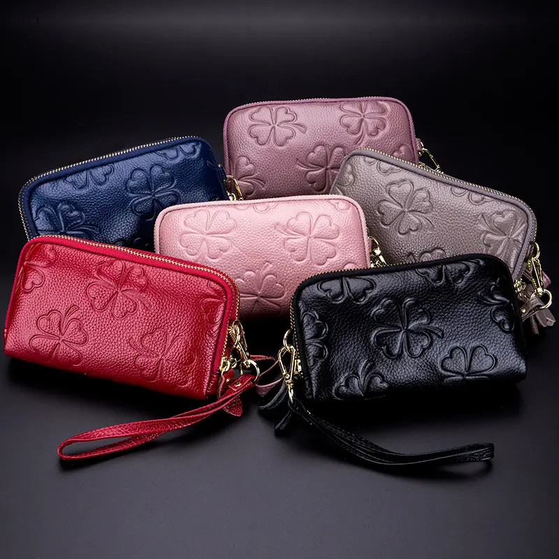 Real Leather Women Long Wallet Ladies Double Zipper Coin Purse Four-Leaf Clover Card Holder Female Cute Money Bag Luxury Clutch
