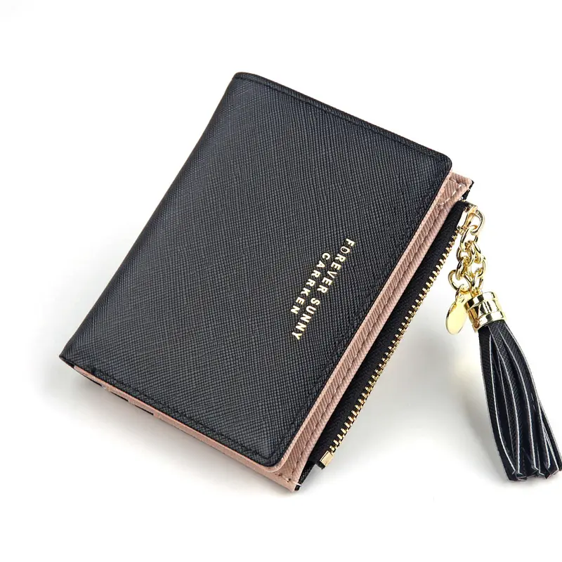 Women Square Short Wallet Crossed Grain PU Leather Tassel Zipper Coin Purse Mini Money Bag Girls Small Cute Pink Card Holder