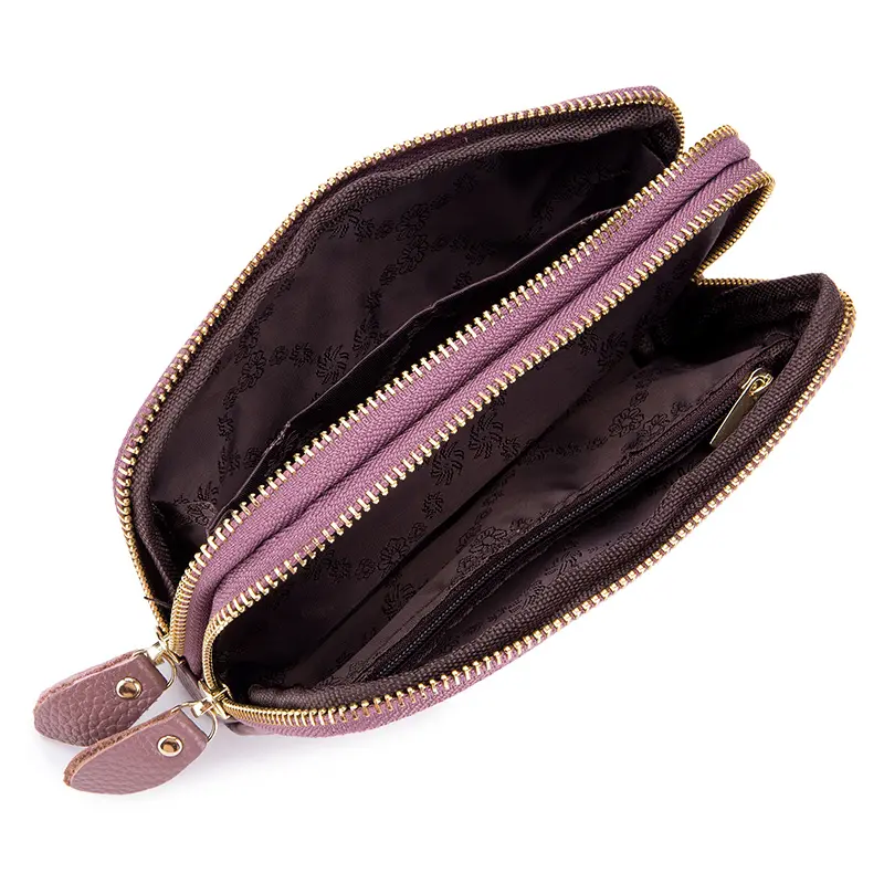 Real Leather Women Long Wallet Ladies Double Zipper Coin Purse Four-Leaf Clover Card Holder Female Cute Money Bag Luxury Clutch