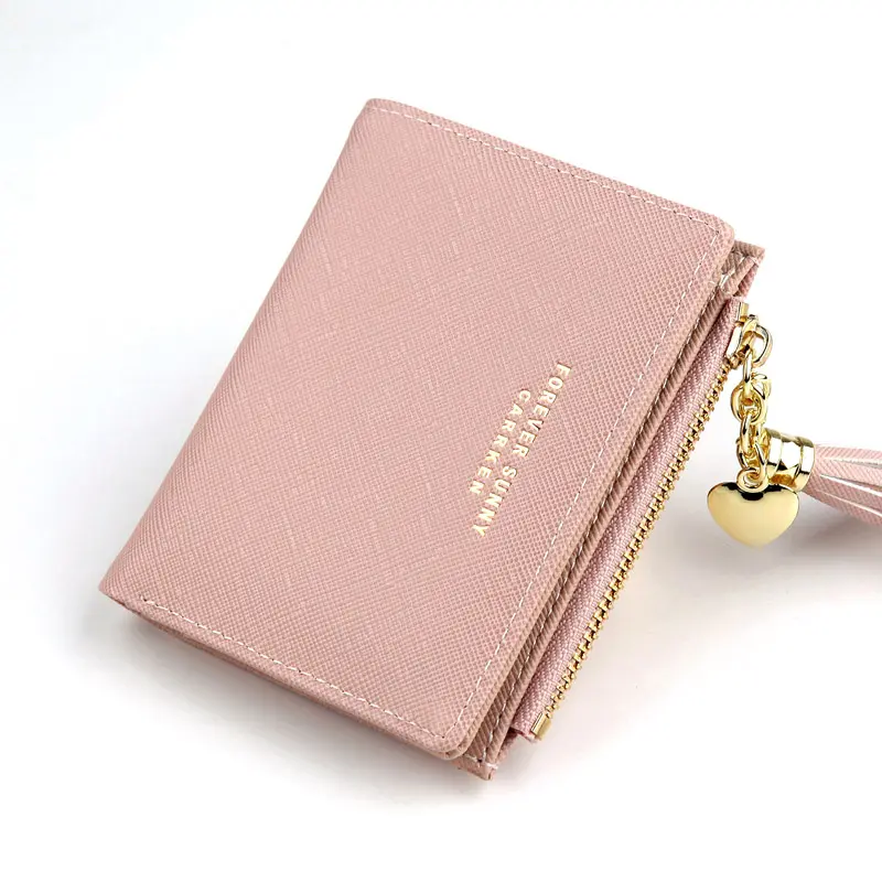 Women Square Short Wallet Crossed Grain PU Leather Tassel Zipper Coin Purse Mini Money Bag Girls Small Cute Pink Card Holder
