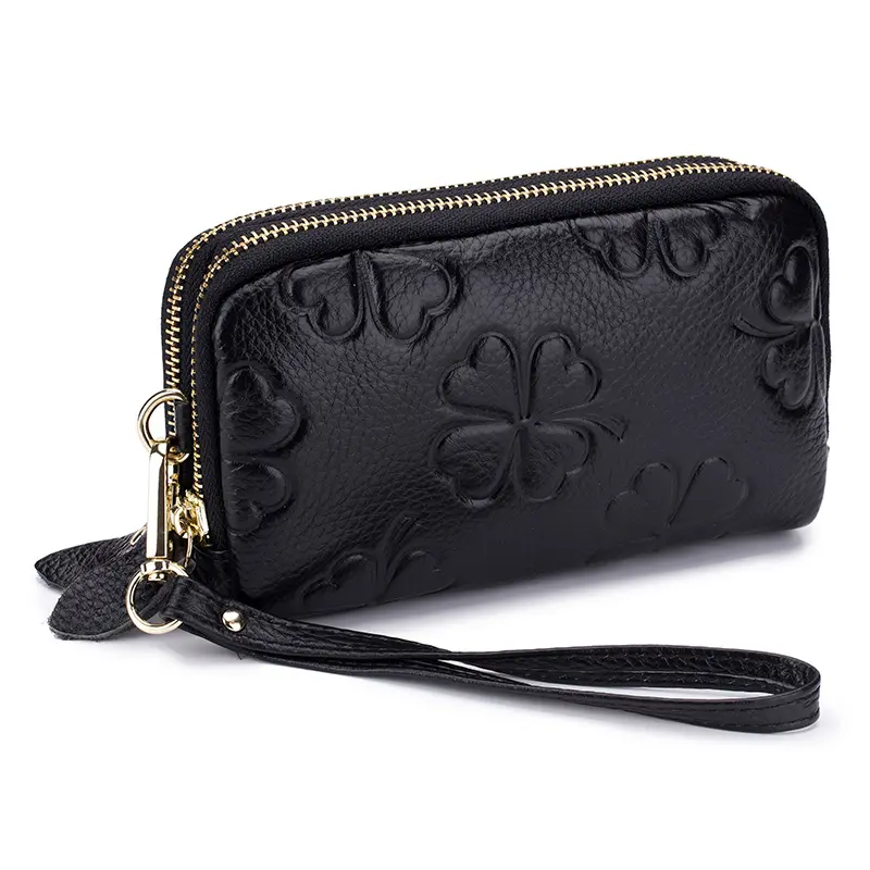 Real Leather Women Long Wallet Ladies Double Zipper Coin Purse Four-Leaf Clover Card Holder Female Cute Money Bag Luxury Clutch