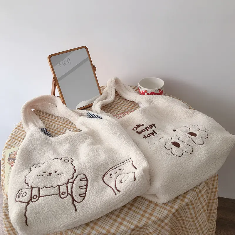 Lamb Like Women Canvas Shoulder Bag Warm Plush Cloth Fabric Cute Bear Handbag Soft Tote Large Capacity Shopping Bags For Ladies