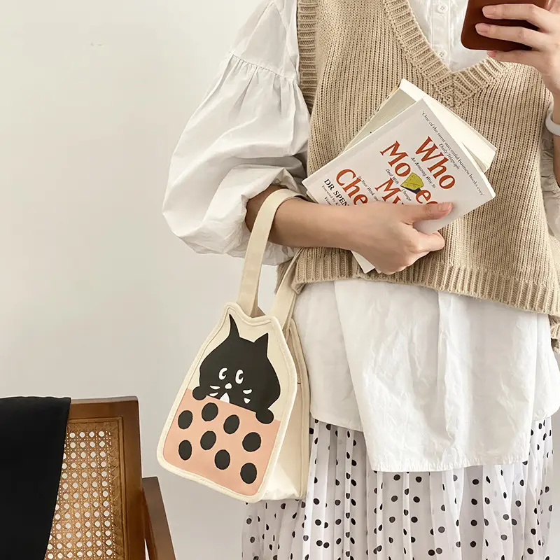 Cute Kitten Women Small Canvas Bag Little Black Cat Pattern Tote Girls' Eco Cotton Cloth Handbag Decoration Purse For Ladies