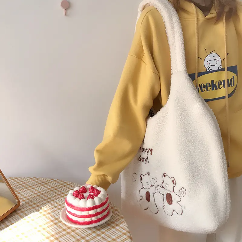 Lamb Like Women Canvas Shoulder Bag Warm Plush Cloth Fabric Cute Bear Handbag Soft Tote Large Capacity Shopping Bags For Ladies