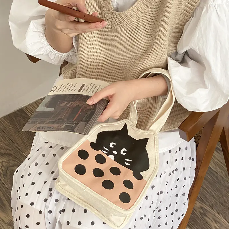 Cute Kitten Women Small Canvas Bag Little Black Cat Pattern Tote Girls' Eco Cotton Cloth Handbag Decoration Purse For Ladies