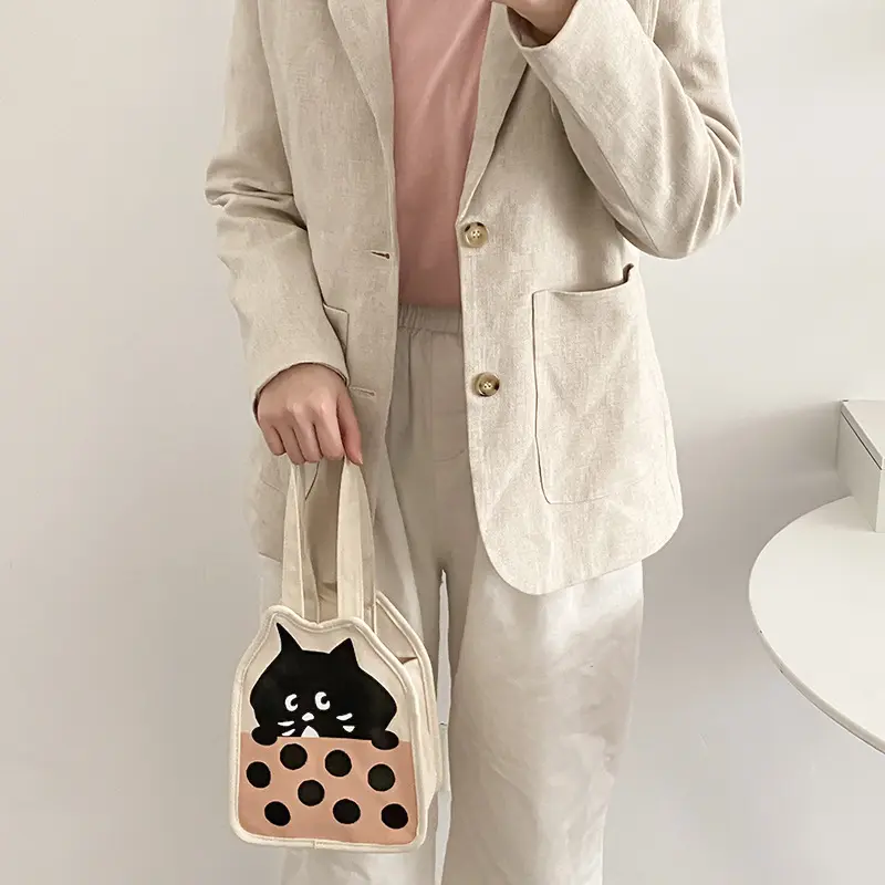 Cute Kitten Women Small Canvas Bag Little Black Cat Pattern Tote Girls' Eco Cotton Cloth Handbag Decoration Purse For Ladies
