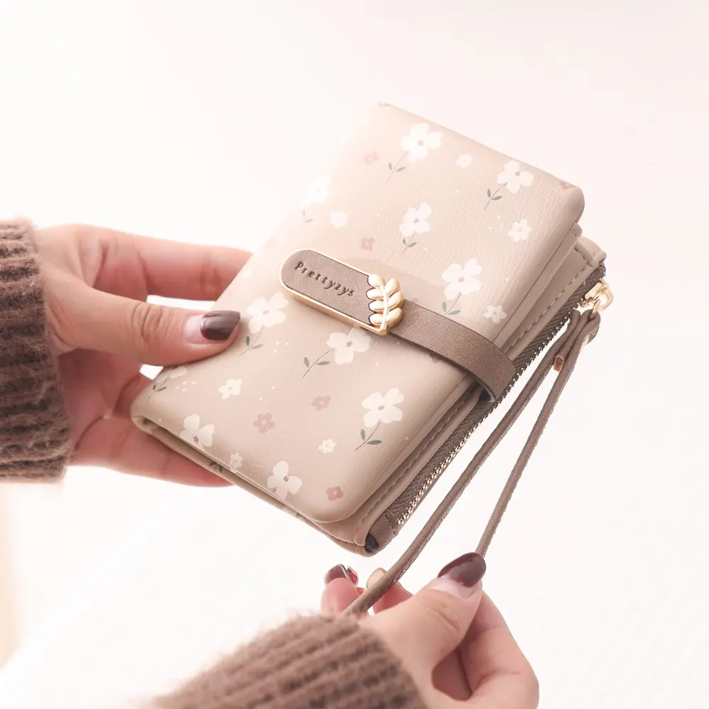 Women Short Wallet Cute Leaf Flower Pattern Design Girl Zipper Coin Purse Ladies ID Credit Card Holder PU Small Clutch Money Bag