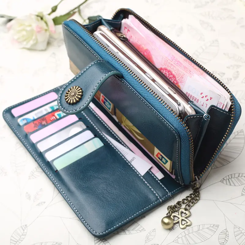 Women Vintage Long Wallet Greased Leather Lady Big Cellphone Bag Credit Card Holder Zipper Coin Purse Female Luxury Money Clutch