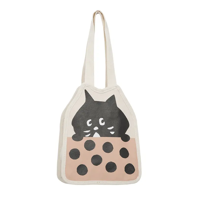 Cute Kitten Women Small Canvas Bag Little Black Cat Pattern Tote Girls' Eco Cotton Cloth Handbag Decoration Purse For Ladies