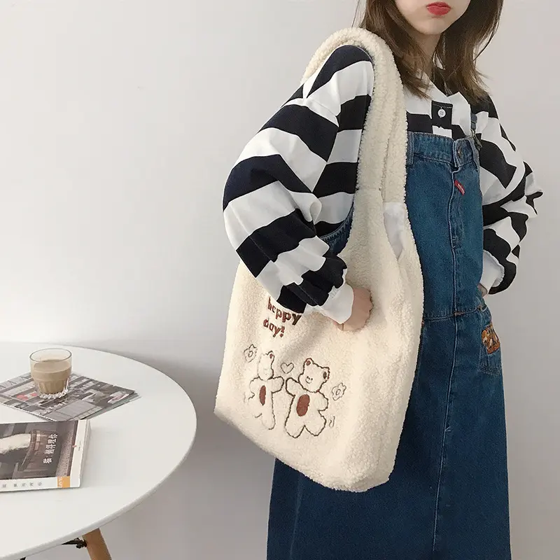 Lamb Like Women Canvas Shoulder Bag Warm Plush Cloth Fabric Cute Bear Handbag Soft Tote Large Capacity Shopping Bags For Ladies