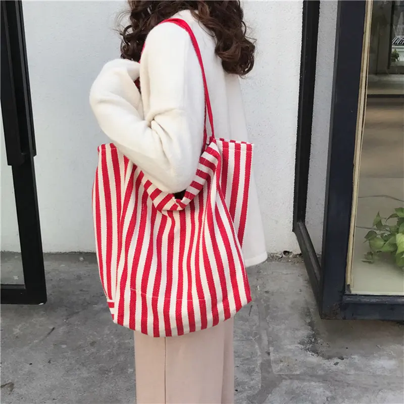 Cotton Canvas Women Big Shoulder Bag Vintage Tote Shopping Bag Extra Large Capacity Handbag Cute Stripe Design Beach Cloth Purse