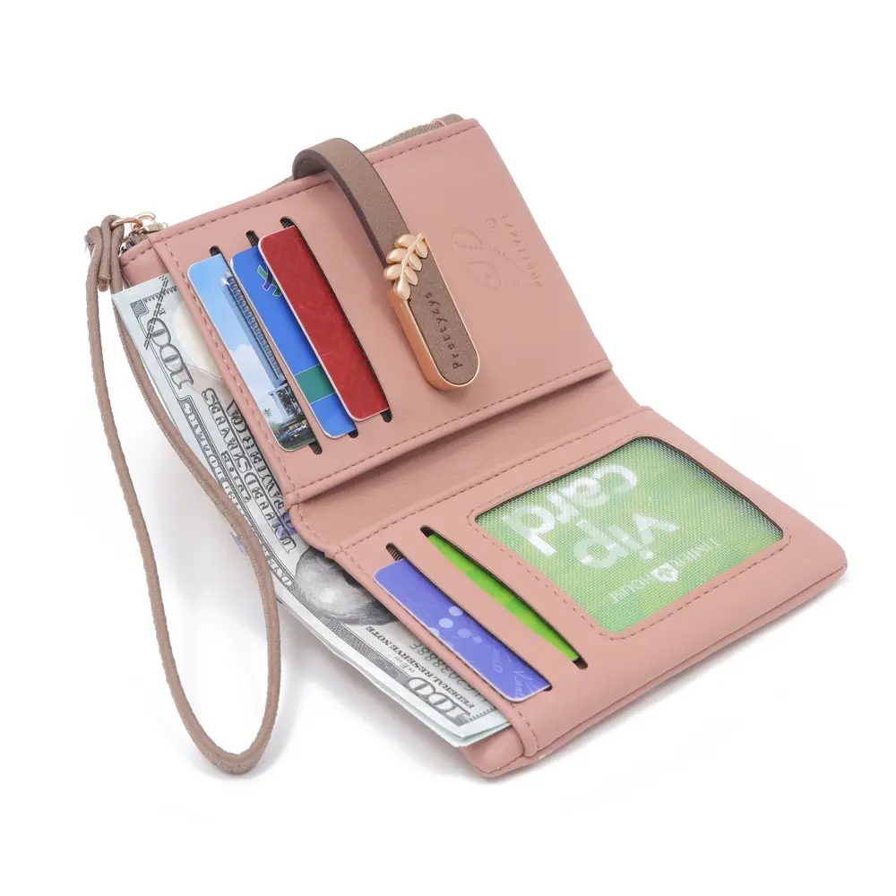 Women Short Wallet Cute Leaf Flower Pattern Design Girl Zipper Coin Purse Ladies ID Credit Card Holder PU Small Clutch Money Bag