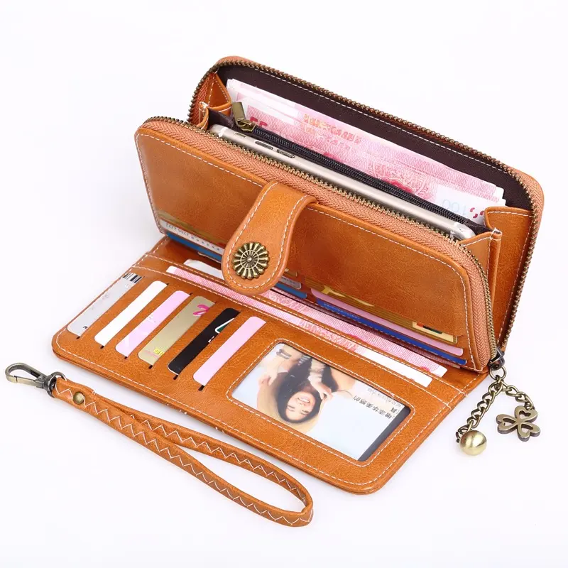 Women Vintage Long Wallet Greased Leather Lady Big Cellphone Bag Credit Card Holder Zipper Coin Purse Female Luxury Money Clutch