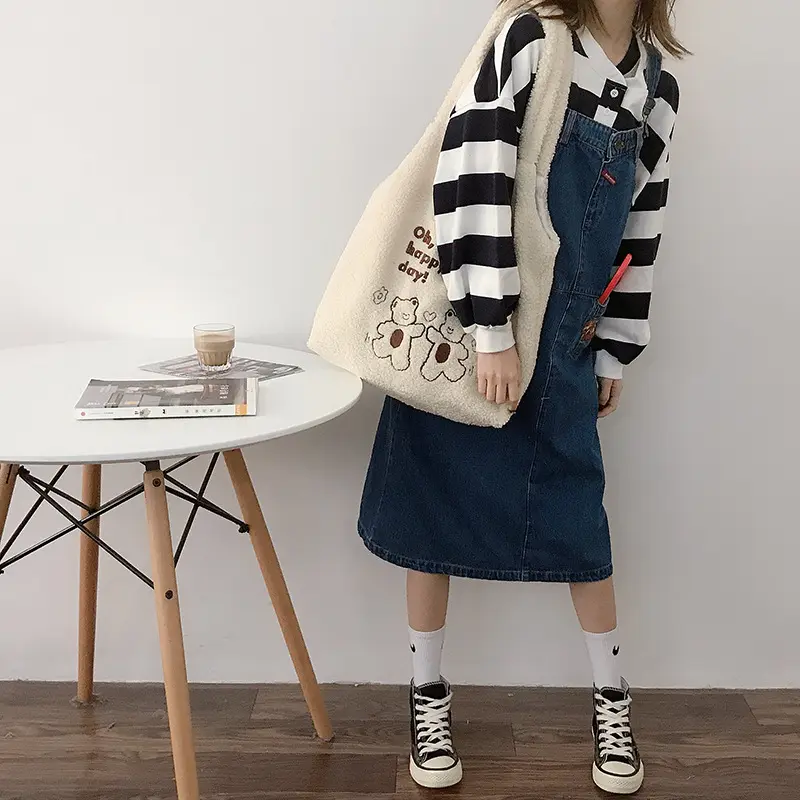 Lamb Like Women Canvas Shoulder Bag Warm Plush Cloth Fabric Cute Bear Handbag Soft Tote Large Capacity Shopping Bags For Ladies