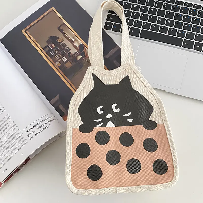 Cute Kitten Women Small Canvas Bag Little Black Cat Pattern Tote Girls' Eco Cotton Cloth Handbag Decoration Purse For Ladies