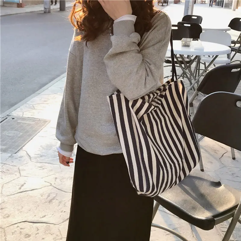 Cotton Canvas Women Big Shoulder Bag Vintage Tote Shopping Bag Extra Large Capacity Handbag Cute Stripe Design Beach Cloth Purse