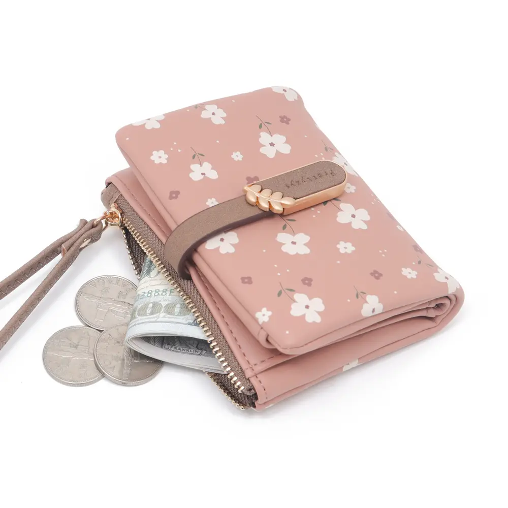 Women Short Wallet Cute Leaf Flower Pattern Design Girl Zipper Coin Purse Ladies ID Credit Card Holder PU Small Clutch Money Bag