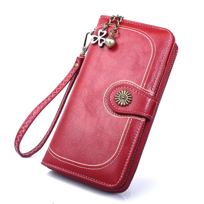 Women Vintage Long Wallet Greased Leather Lady Big Cellphone Bag Credit Card Holder Zipper Coin Purse Female Luxury Money Clutch