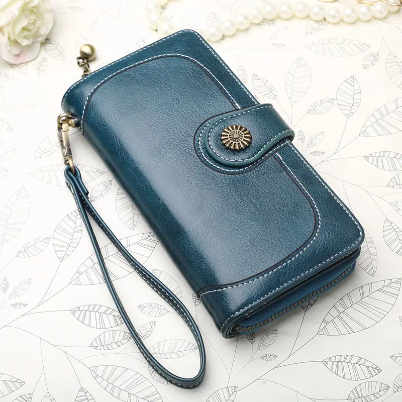 Women Vintage Long Wallet Greased Leather Lady Big Cellphone Bag Credit Card Holder Zipper Coin Purse Female Luxury Money Clutch