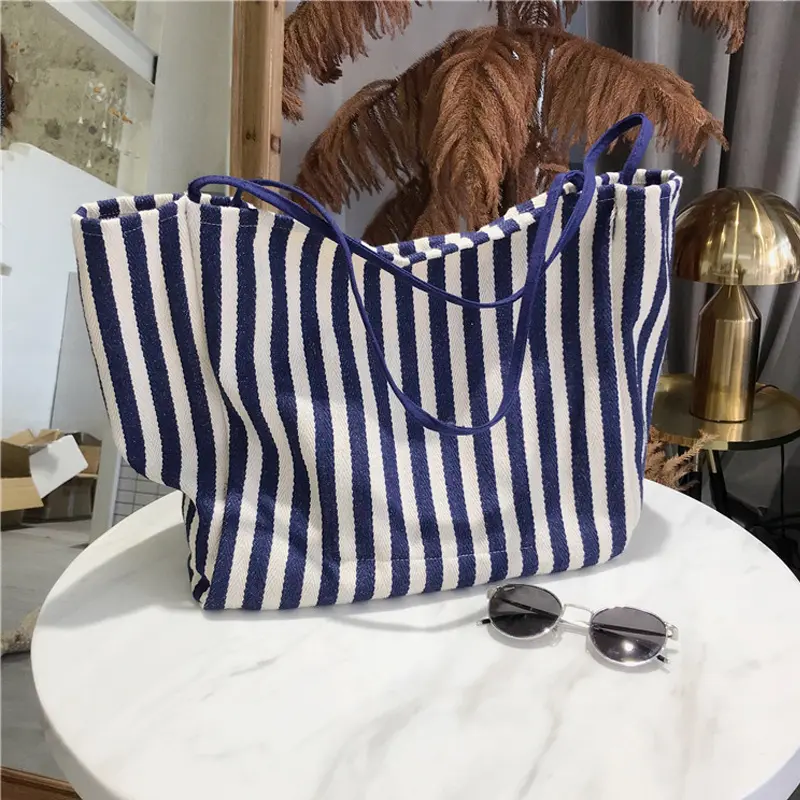 Cotton Canvas Women Big Shoulder Bag Vintage Tote Shopping Bag Extra Large Capacity Handbag Cute Stripe Design Beach Cloth Purse