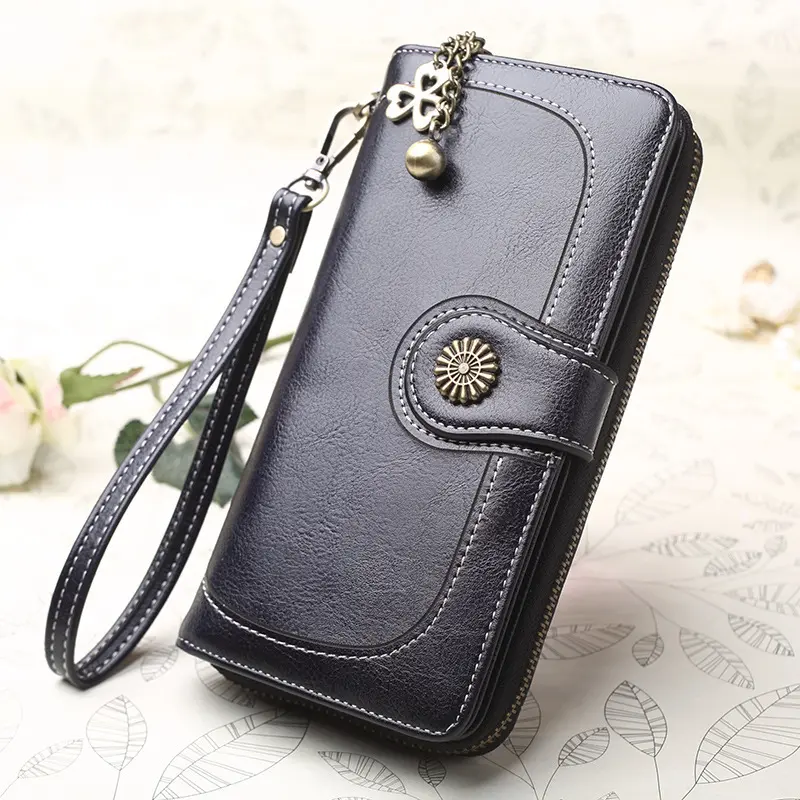 Women Vintage Long Wallet Greased Leather Lady Big Cellphone Bag Credit Card Holder Zipper Coin Purse Female Luxury Money Clutch