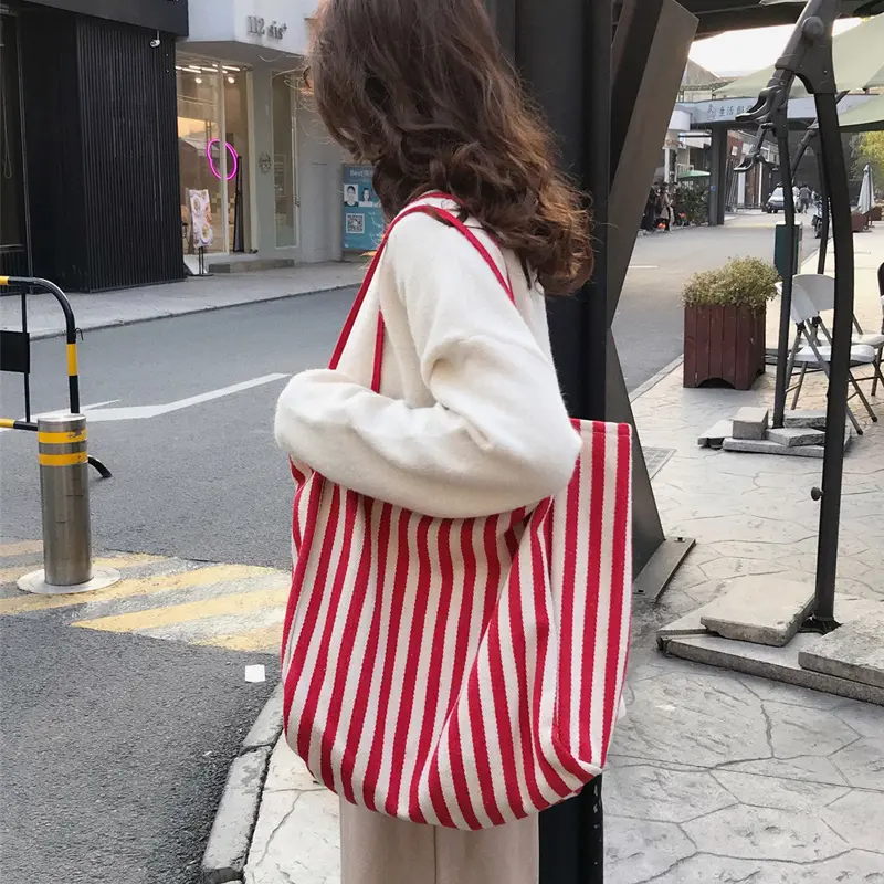 Cotton Canvas Women Big Shoulder Bag Vintage Tote Shopping Bag Extra Large Capacity Handbag Cute Stripe Design Beach Cloth Purse