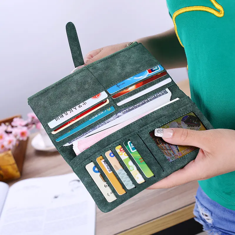 Women Retro Matte Wallets PU Leather Long Purse Clutch Money Bag Female Draw Strap Vintage Wallet Fashion Credit Card Holder