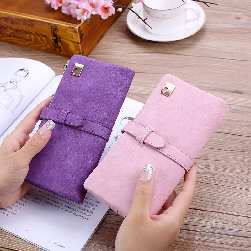 Women Retro Matte Wallets PU Leather Long Purse Clutch Money Bag Female Draw Strap Vintage Wallet Fashion Credit Card Holder