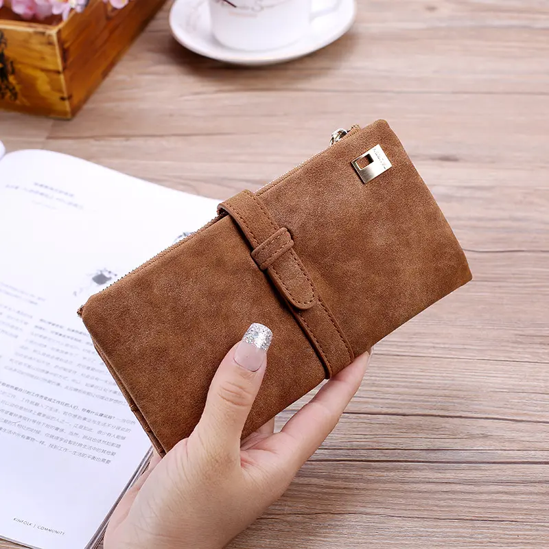 Women Retro Matte Wallets PU Leather Long Purse Clutch Money Bag Female Draw Strap Vintage Wallet Fashion Credit Card Holder