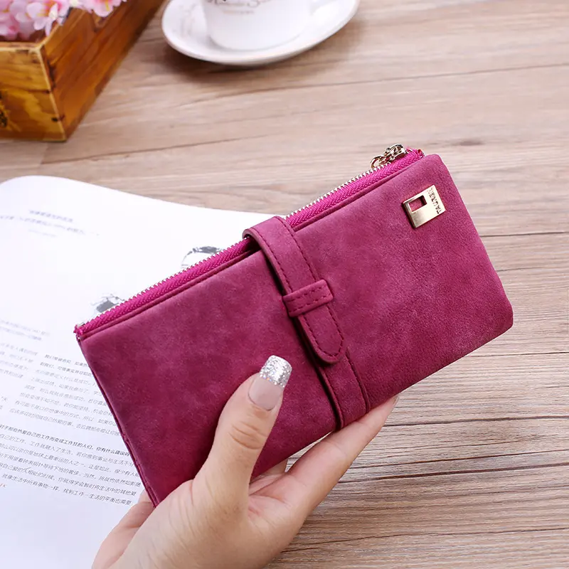 Women Retro Matte Wallets PU Leather Long Purse Clutch Money Bag Female Draw Strap Vintage Wallet Fashion Credit Card Holder