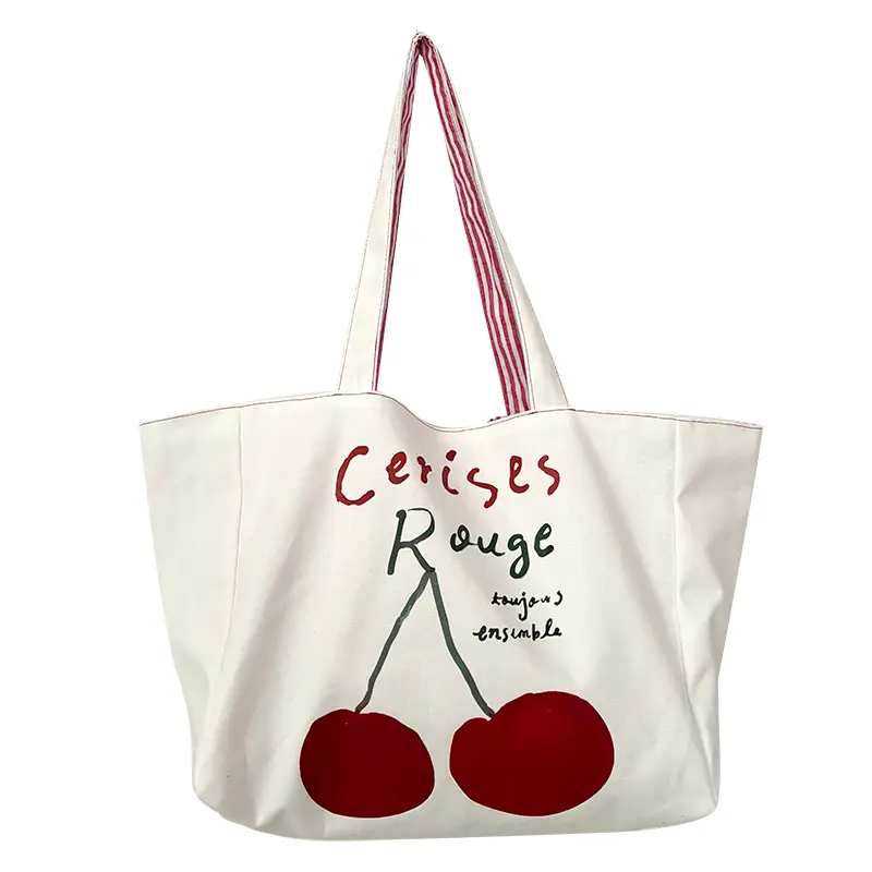 Reversible Design Women Canvas Shoulder Bag Cotton Cloth Purse Handbag Cherry Red Stripes Large Tote Female Eco Shopping Bags