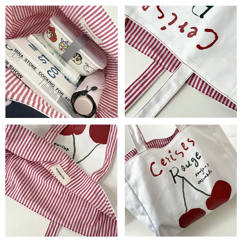 Reversible Design Women Canvas Shoulder Bag Cotton Cloth Purse Handbag Cherry Red Stripes Large Tote Female Eco Shopping Bags