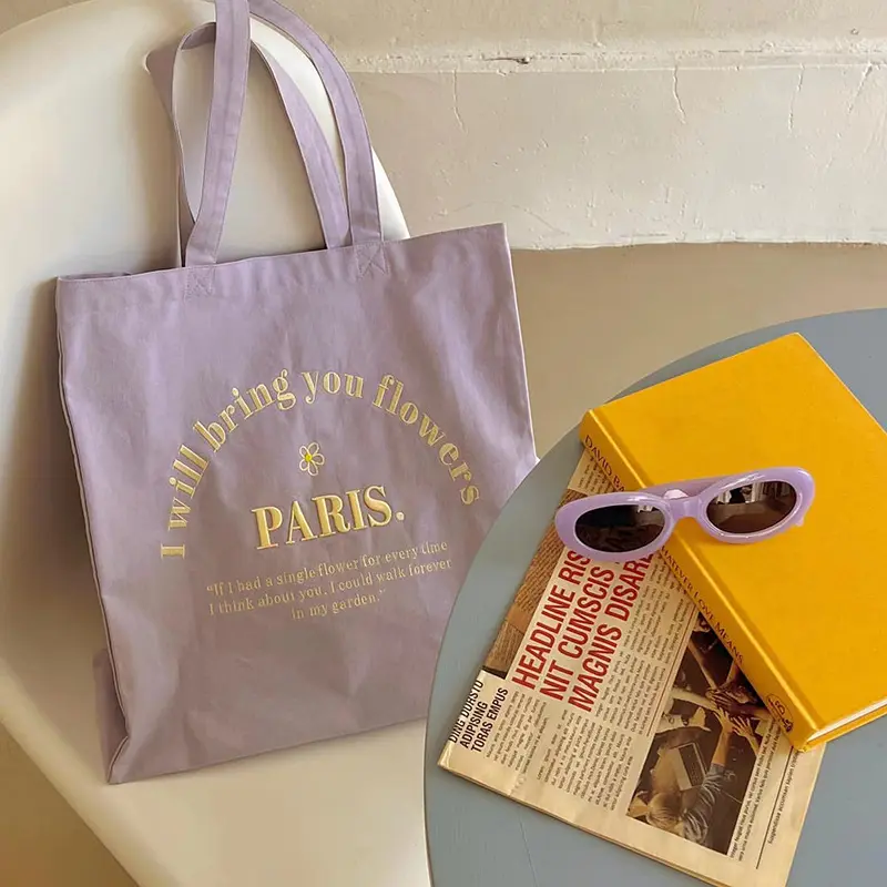 Women Canvas Shoulder Bag Explore Paris 3D Embroidery Daily Shopping Bags Student Books Bag Cotton Cloth Handbags Tote For Girls