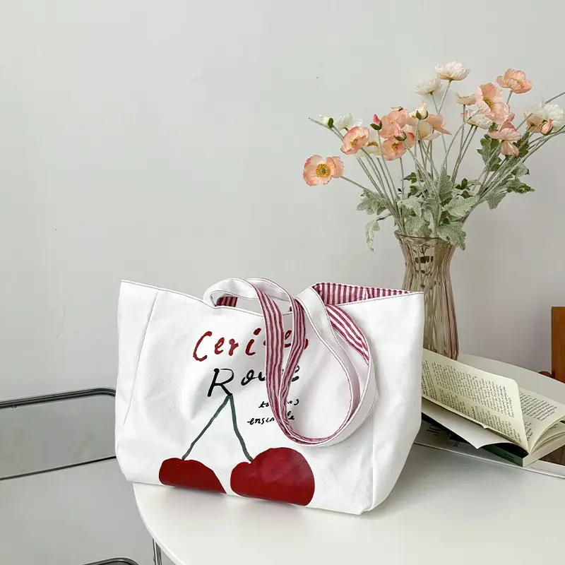Reversible Design Women Canvas Shoulder Bag Cotton Cloth Purse Handbag Cherry Red Stripes Large Tote Female Eco Shopping Bags